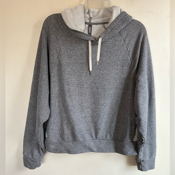 Vuori boxy gray hoodie women’s L white beige side stripes drawstring + pull tag - Picture 3 of 13